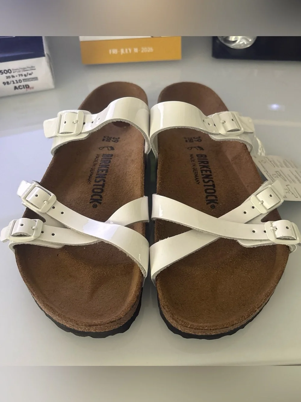 Birkenstock Franca White Patent Triple Strap Slide Sandals Womens 39 L8 M6